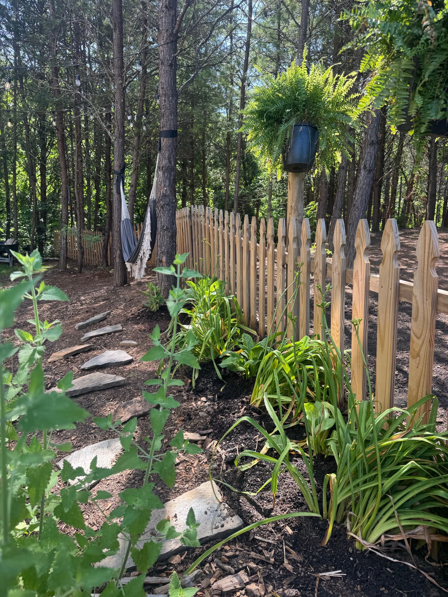 Fringed hammock under pines with string lights and picket fence